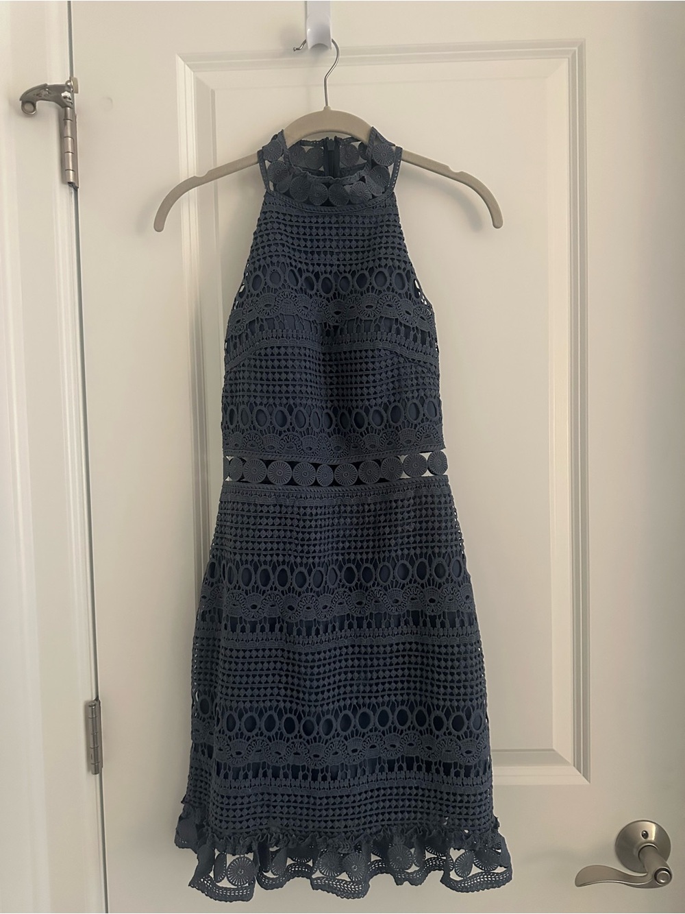 Sleeveless Navy Crochet Halter Homecoming Dress